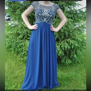 PROM navy blue flowy beaded dress